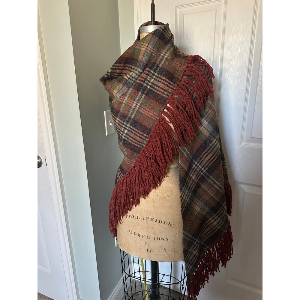Vintage Plaid Wool Shaw Fringe Triangle brown rust gray olive green 82”x82” - Picture 7 of 16